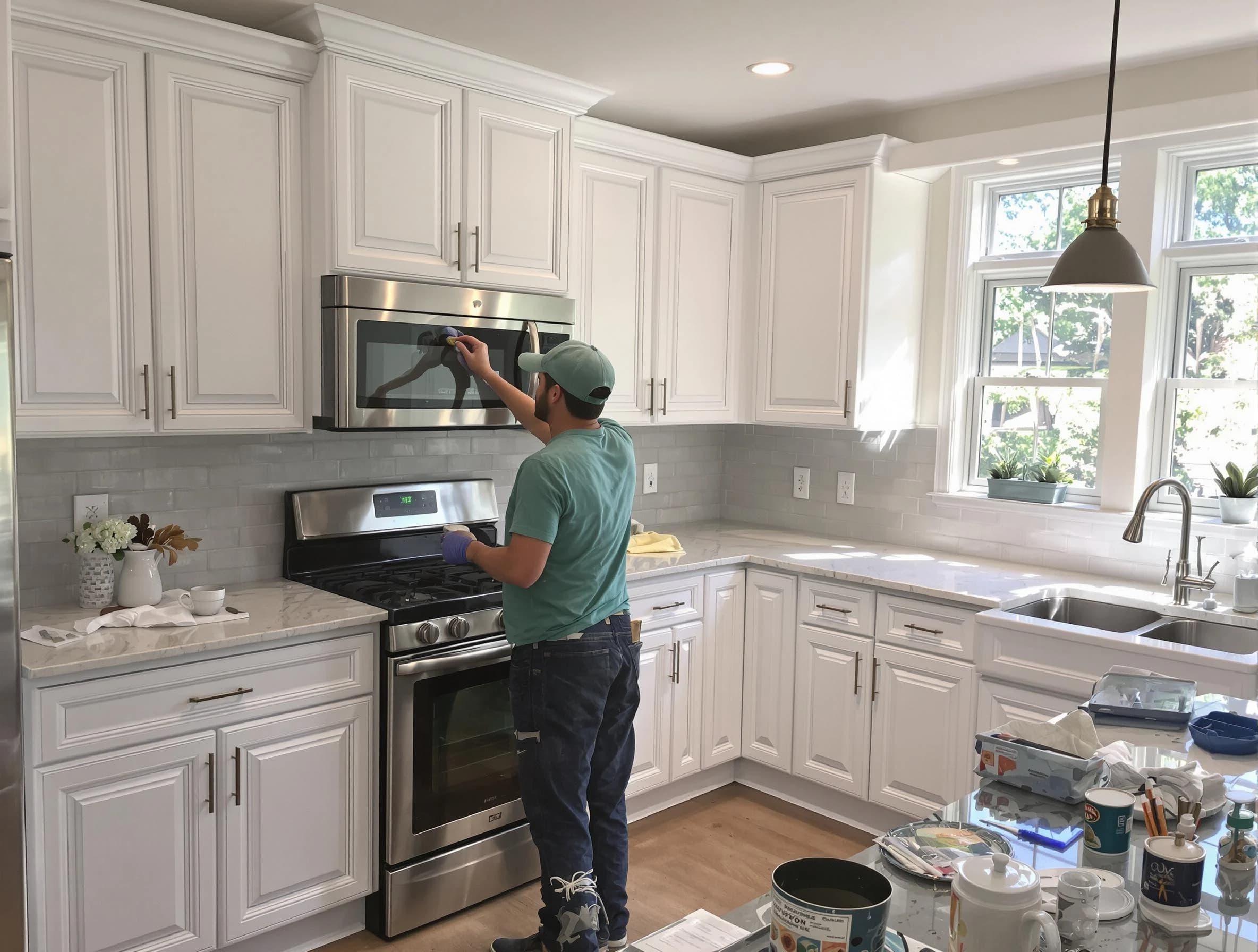 Kitchen cabinets being refinished by Solon House Painters in Solon, OH