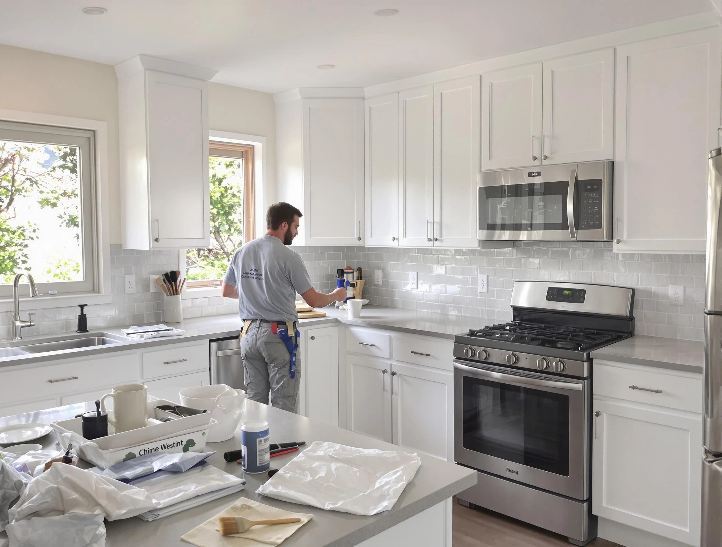 Solon House Painters applying fresh paint on kitchen cabinets in Solon