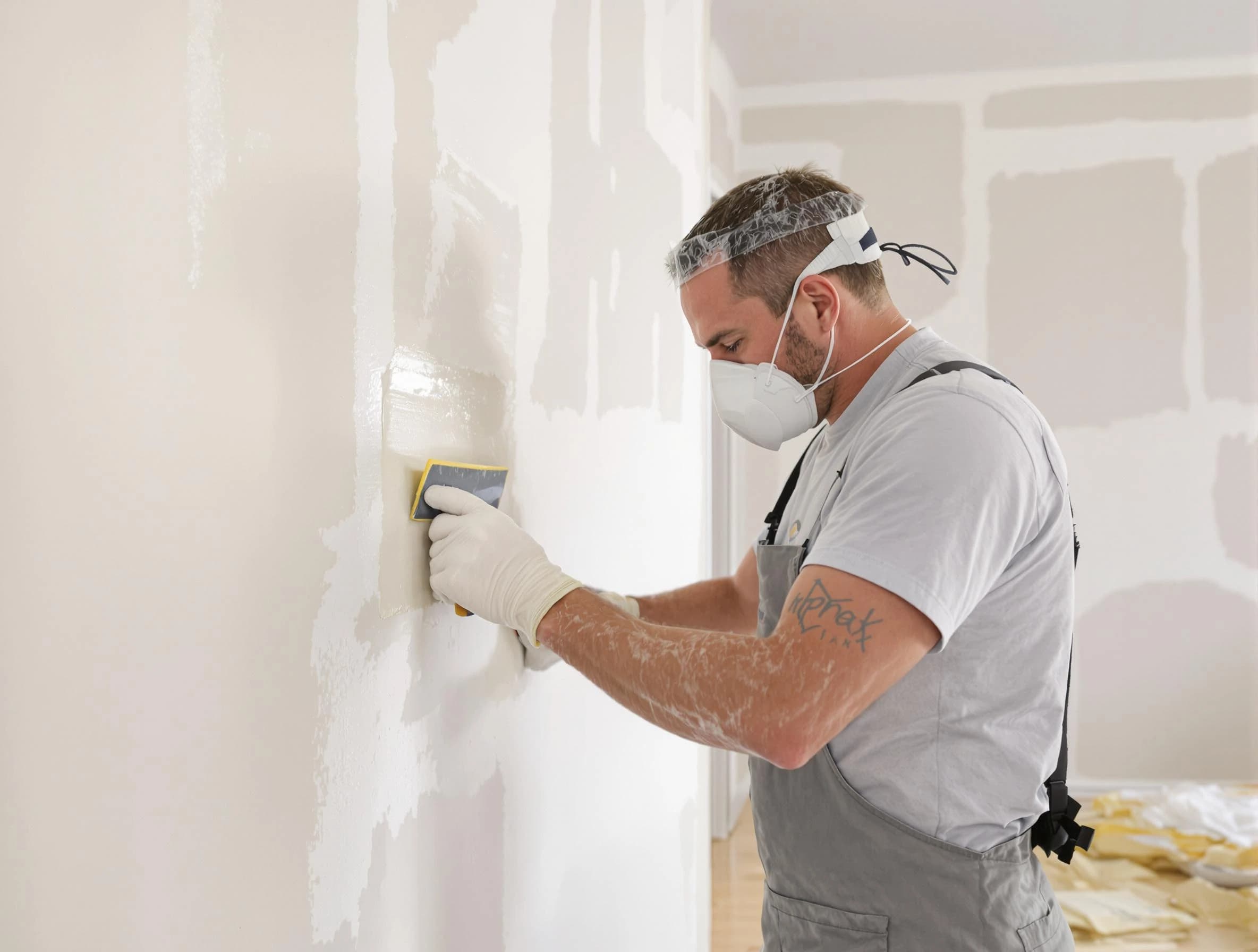 Solon House Painters technician applying mud to drywall seams in Solon, OH